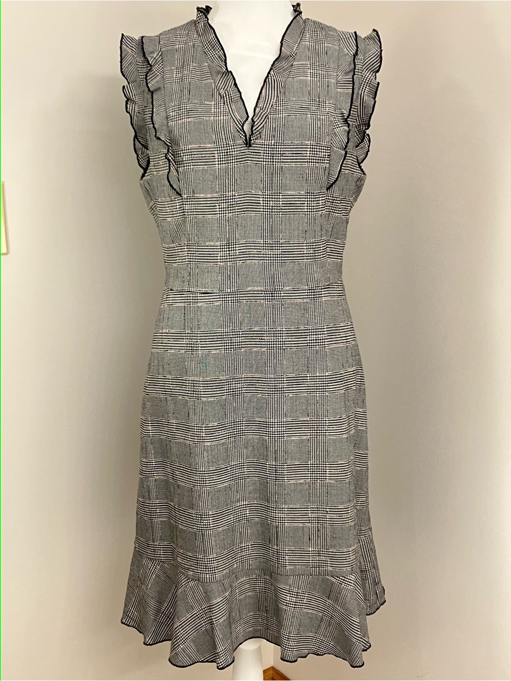 Karl Lagerfeld Paris Black & White Glen Plaid With Pink Accent Ruffle Midi Dress